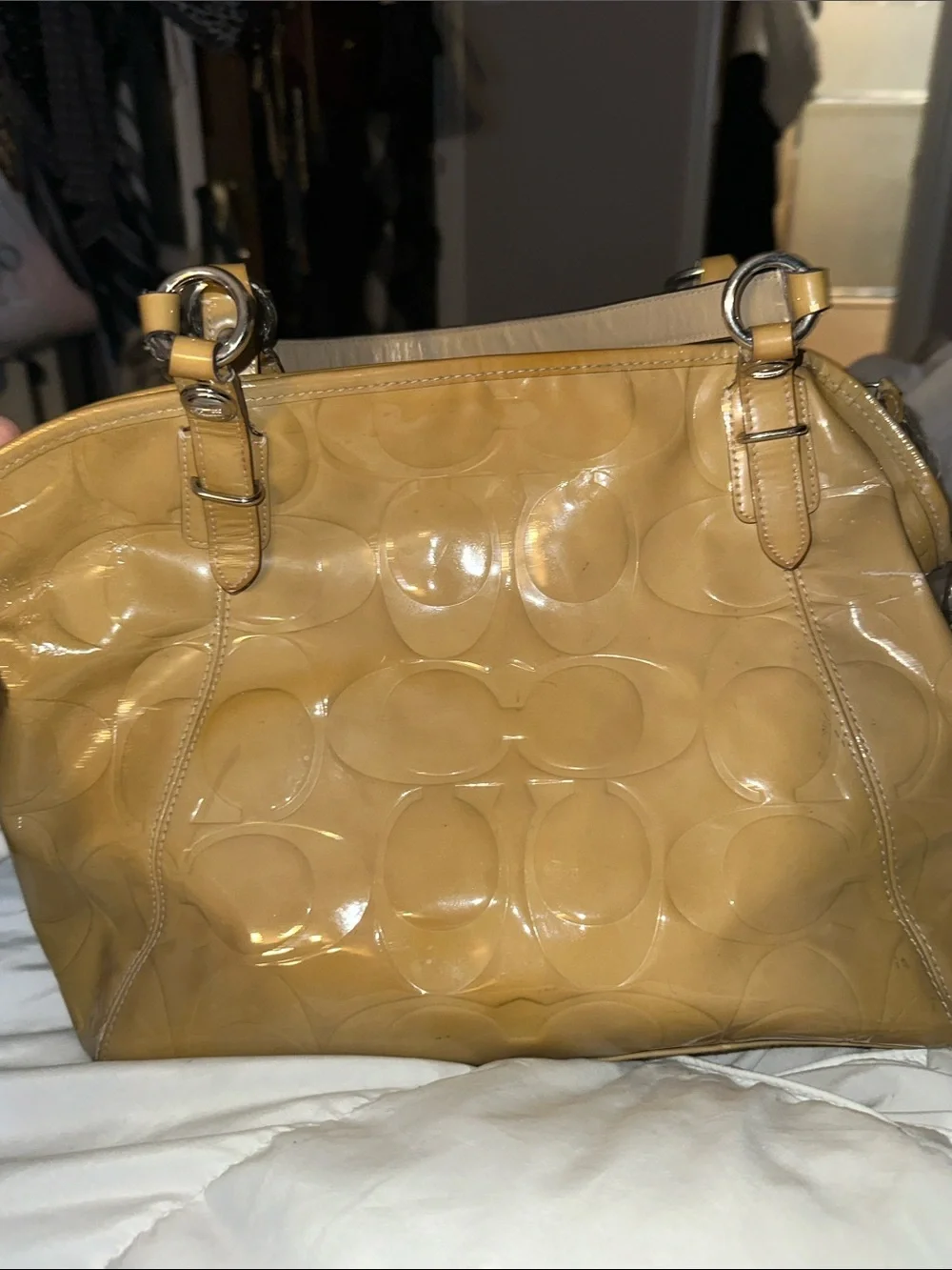 Coach Patent Signature Tote in Mustard crossbody adj strap silver accents good c